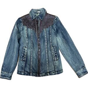 Reba Studded Denim Jacket Genuine Leather Trim Western Style Size Small NWT
